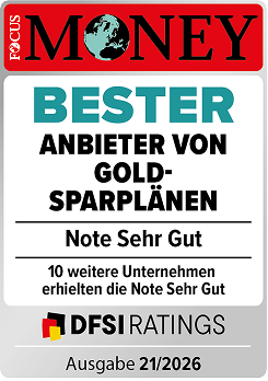 Focus Money 21/2025 Auszeichnung  „Sehr gut“: Bester Anbieter von Goldsparplänen