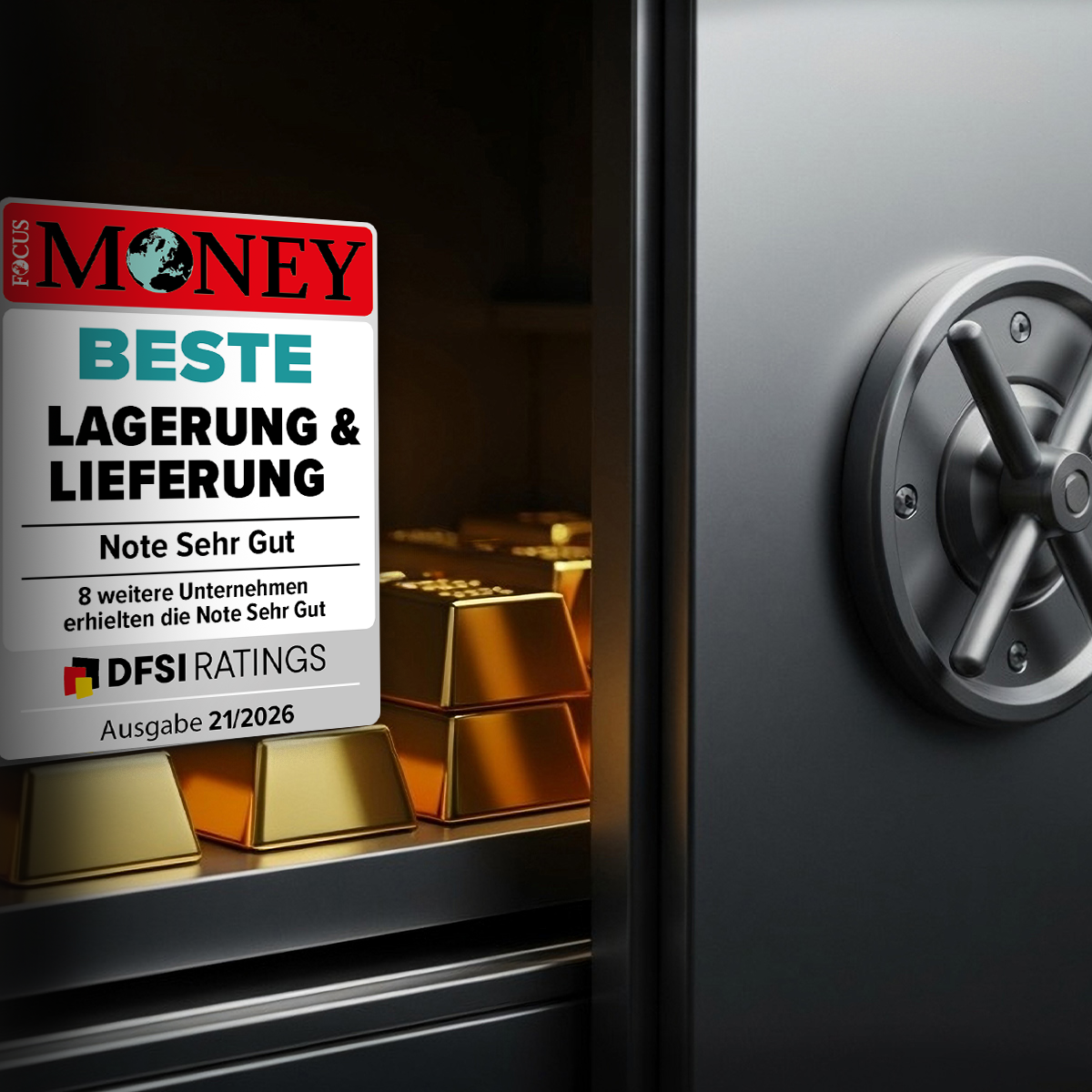 Focus Money-zertifizierter Service für die sichere Lagerung und Lieferung von Goldbarren in einem Tresor.