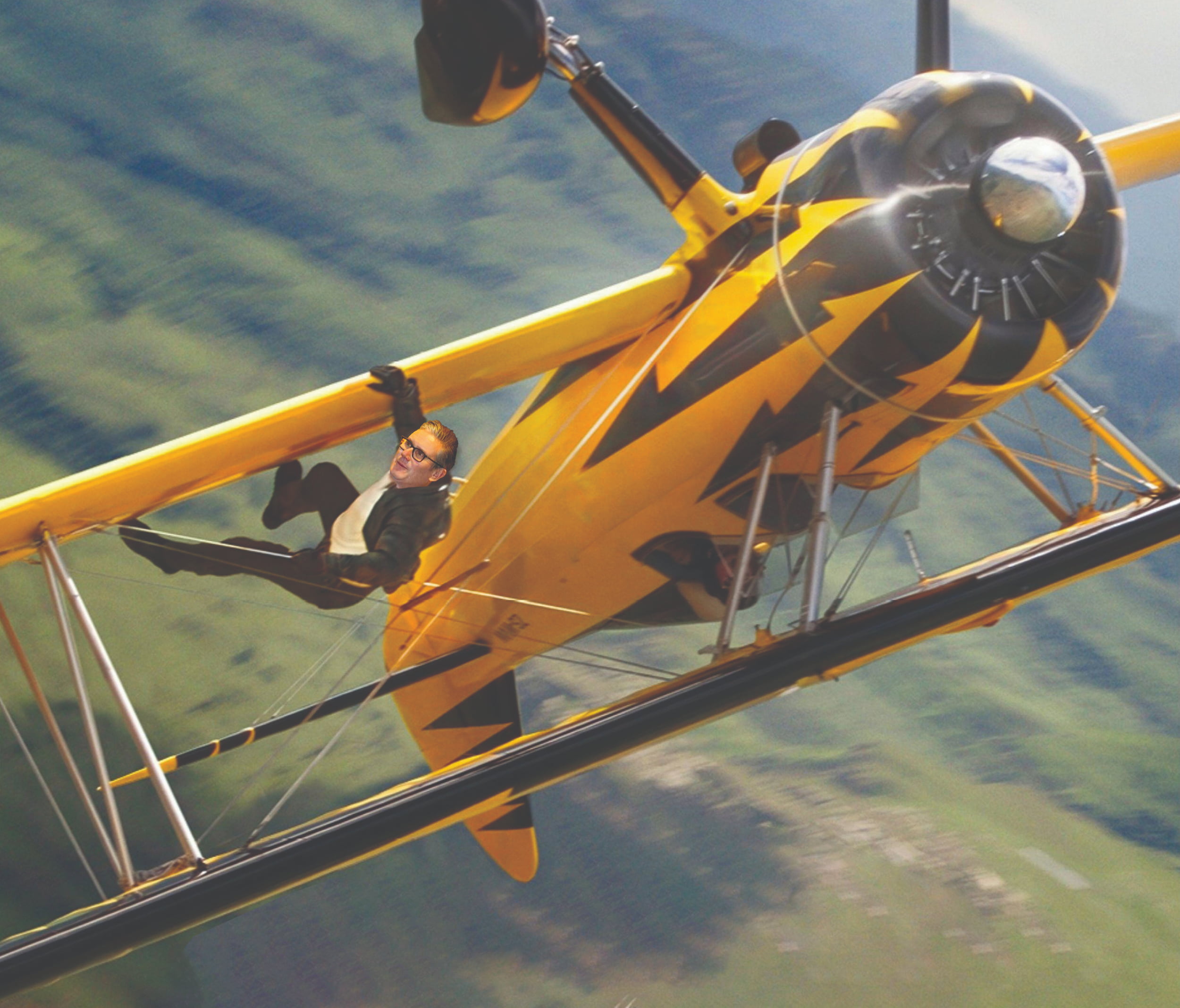 Kier Starmer as Tom Cruise hanging onto a biplane