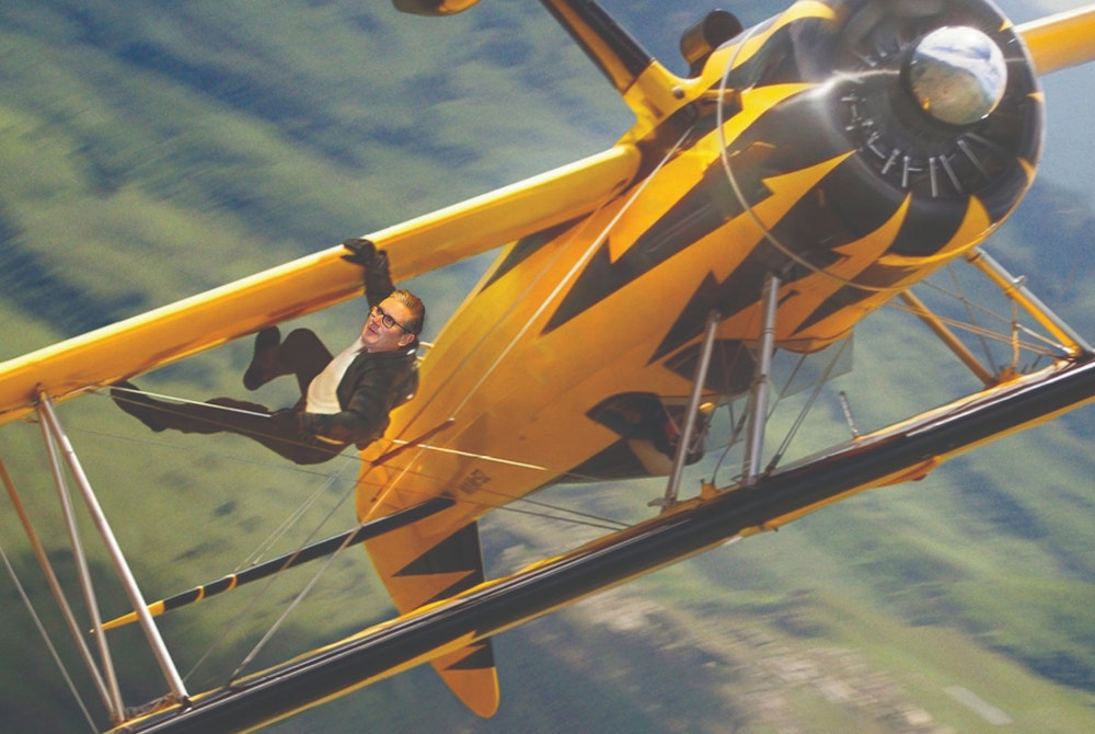 Kier Starmer as Tom Cruise hanging onto a biplane