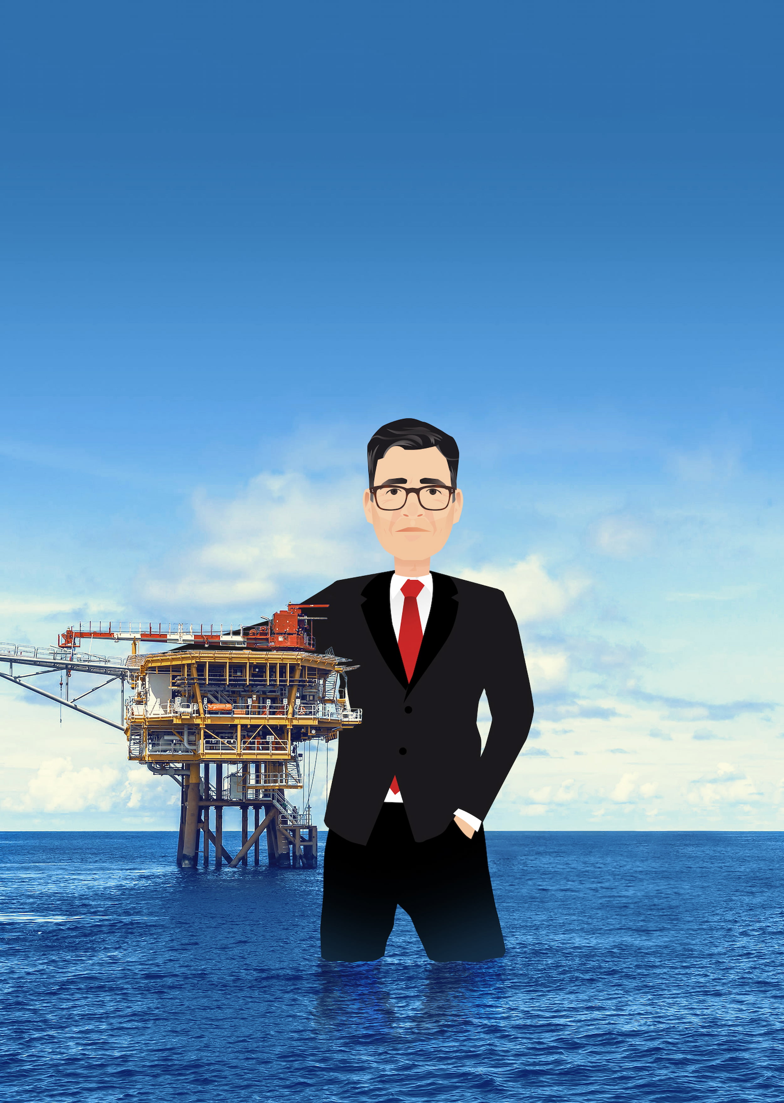 Cartoon Andy Burnham giving an oil rig a hug