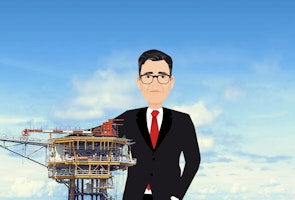 Cartoon Andy Burnham giving an oil rig a hug