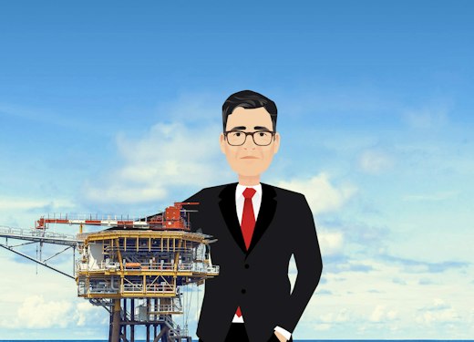 Cartoon Andy Burnham giving an oil rig a hug
