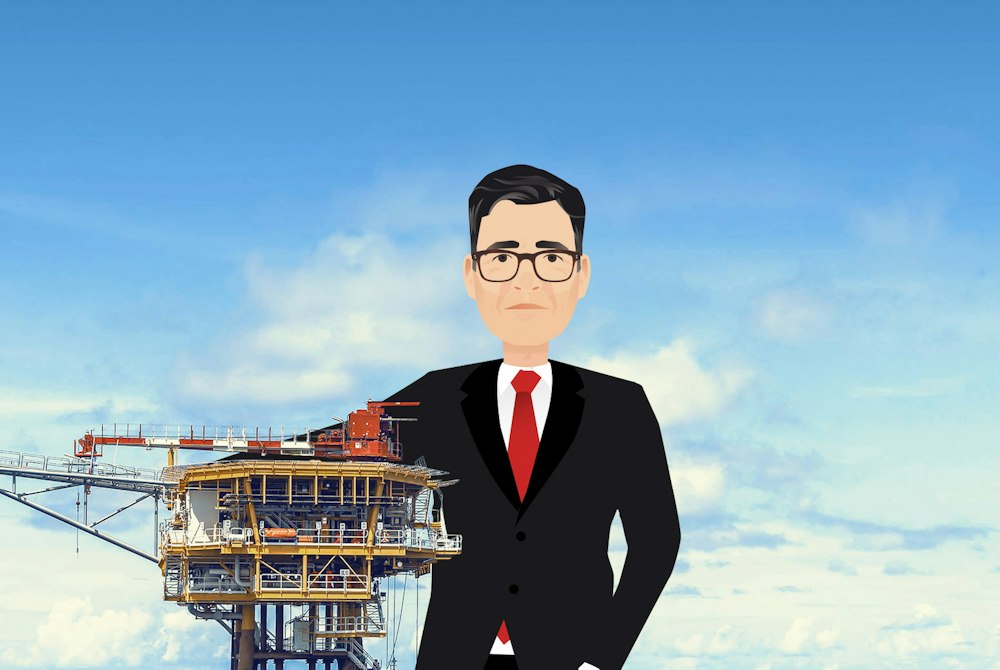 Cartoon Andy Burnham giving an oil rig a hug