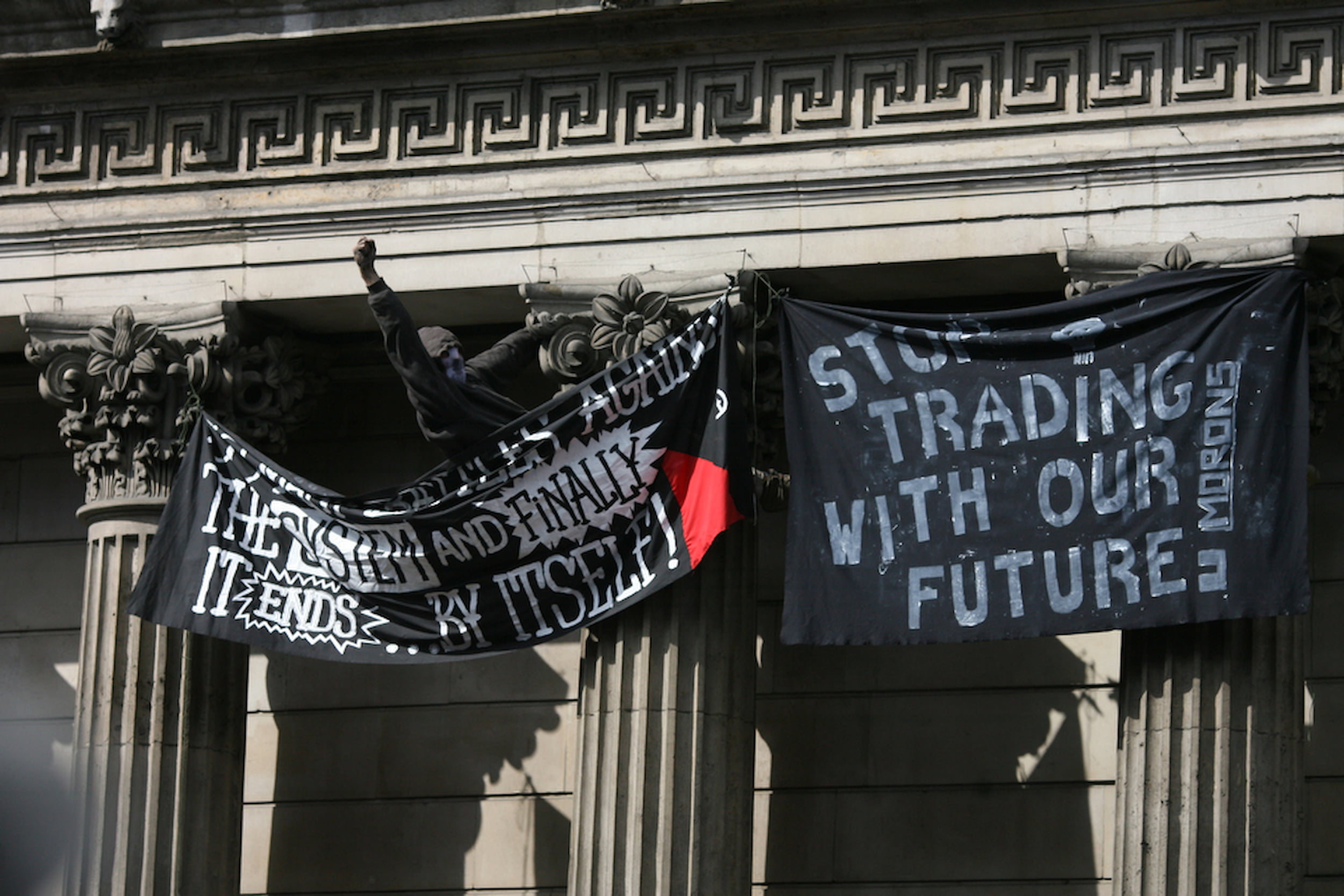 G20 protestor banners on the bank of England
