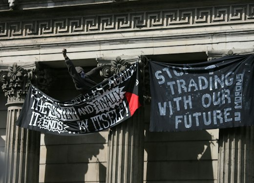 G20 protestor banners on the bank of England