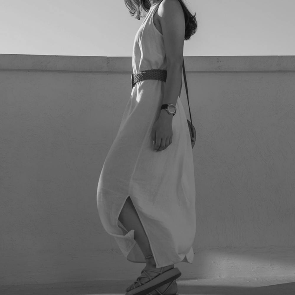 woman in a long white dress