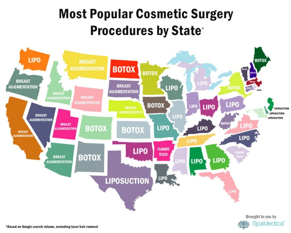map of the US and most popular procedures