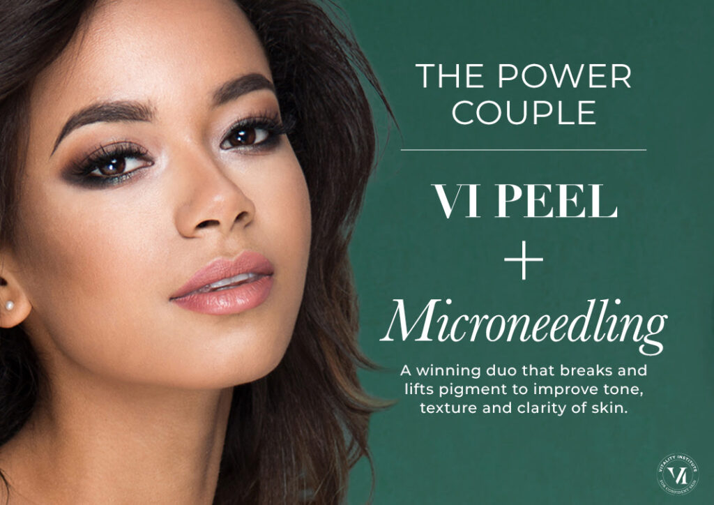 Beautiful woman with smooth skin next to VI Peel + Microneedling