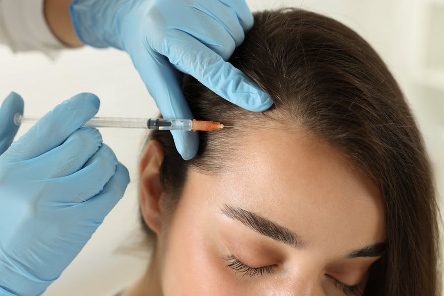 woman with side parted hair receiving a Exosome & PRP treatement on her hairline administred by a very thin needle on the hair line