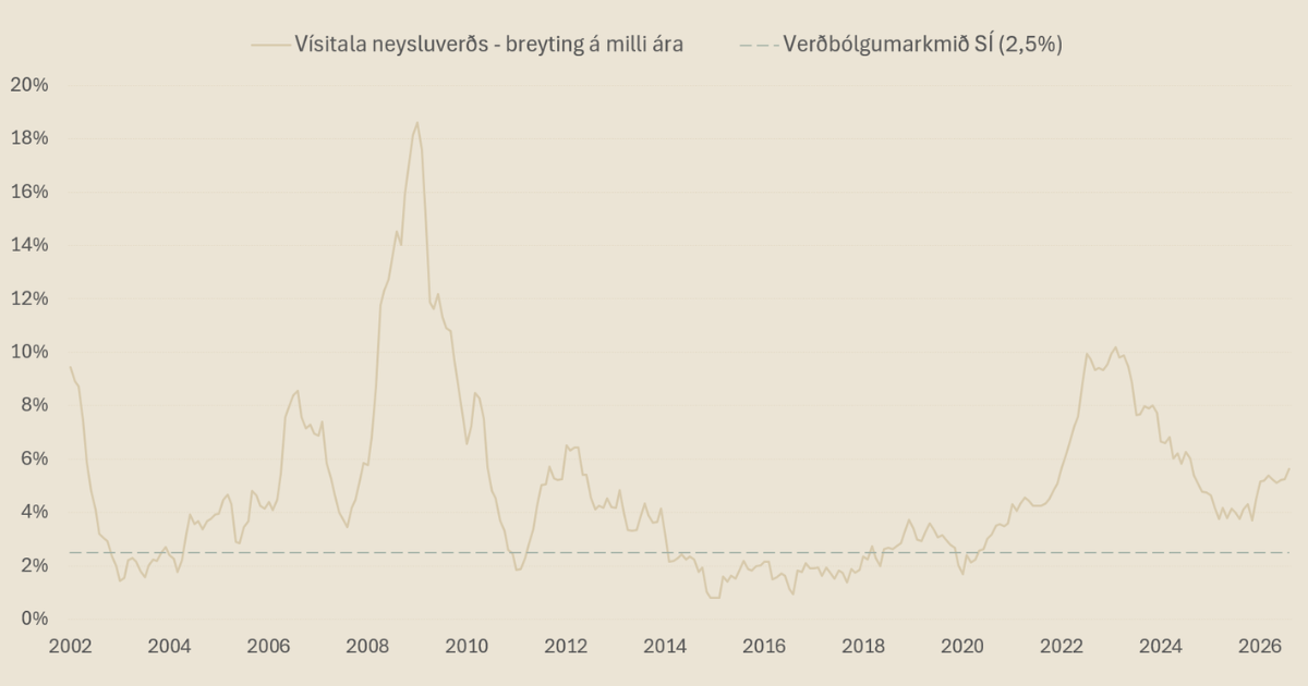 Hér má sjá þróun frá árinu 2002 á tólf mánaða breytingu vísitölu neysluverðs ásamt verðbólgumarkmið Seðlabanka Íslands.