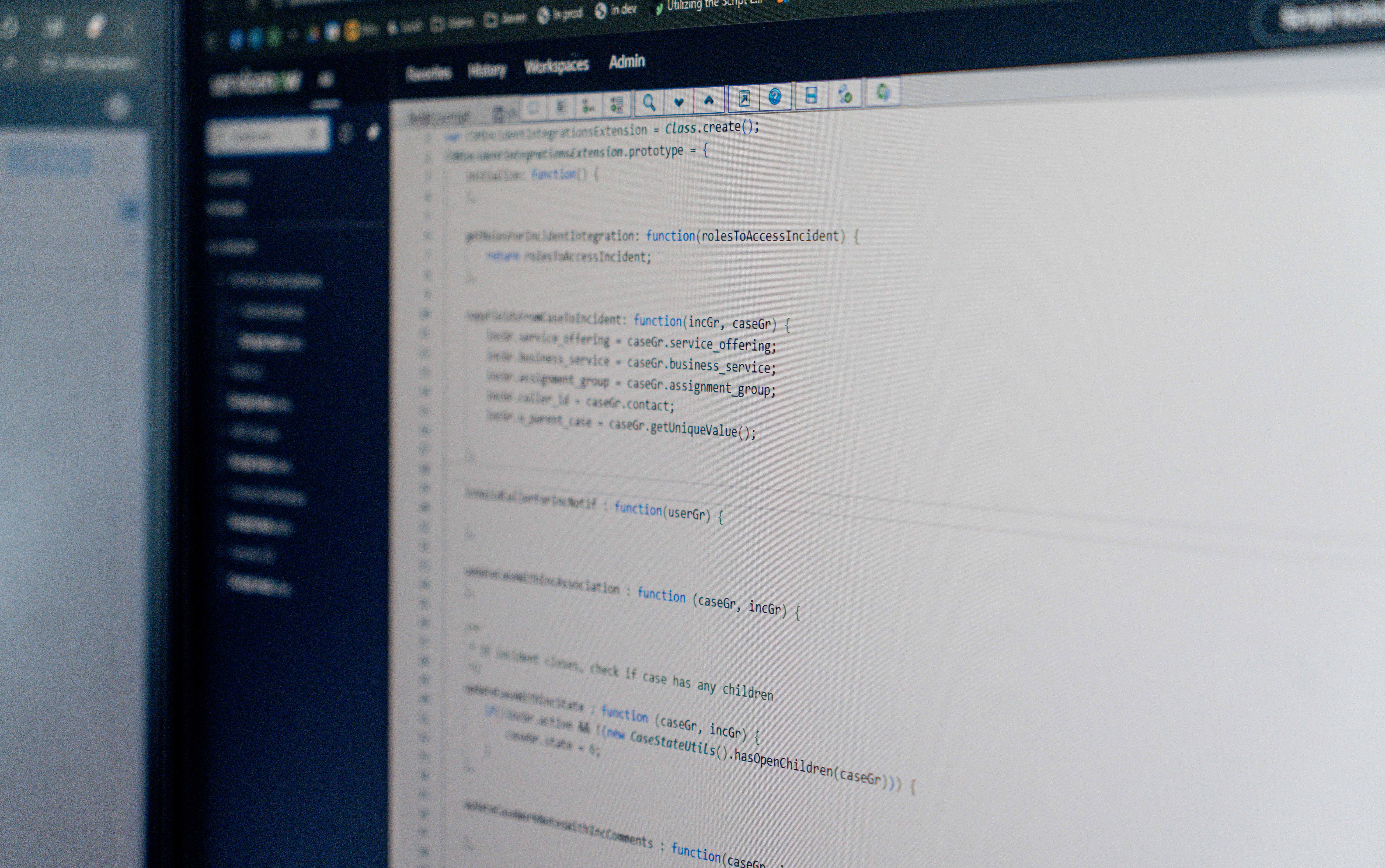 A computer screen displaying code within the ServiceNow platform interface.