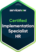 ServiceNow Certified Implementation Specialist HR certification badge.