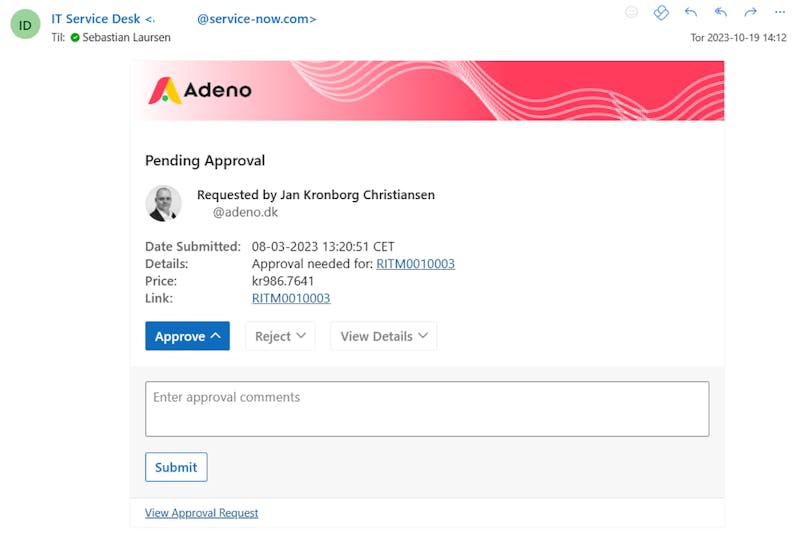 A ServiceNow Outlook Actionable Message showing a pending approval request with options to approve, reject, and add comments.
