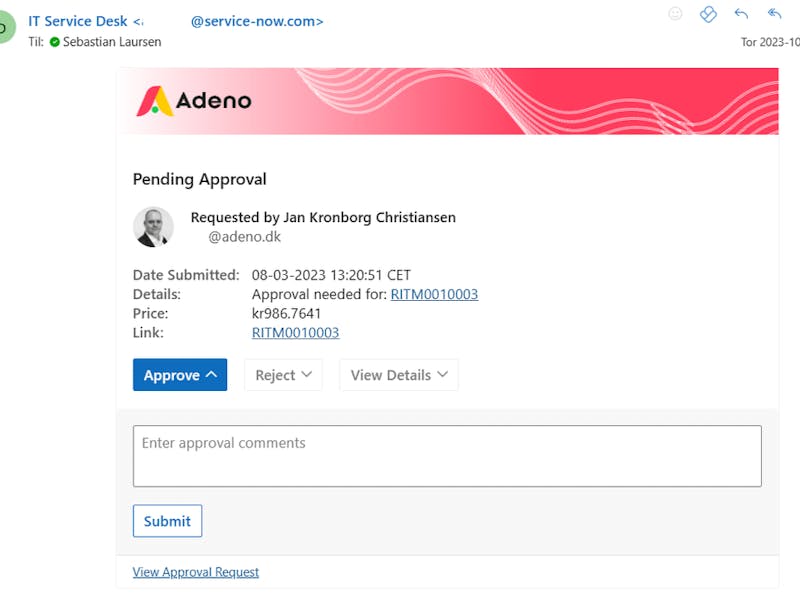 A ServiceNow Outlook Actionable Message showing a pending approval request with options to approve, reject, and add comments.