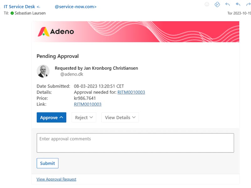 A ServiceNow Outlook Actionable Message showing a pending approval request with options to approve, reject, and add comments.