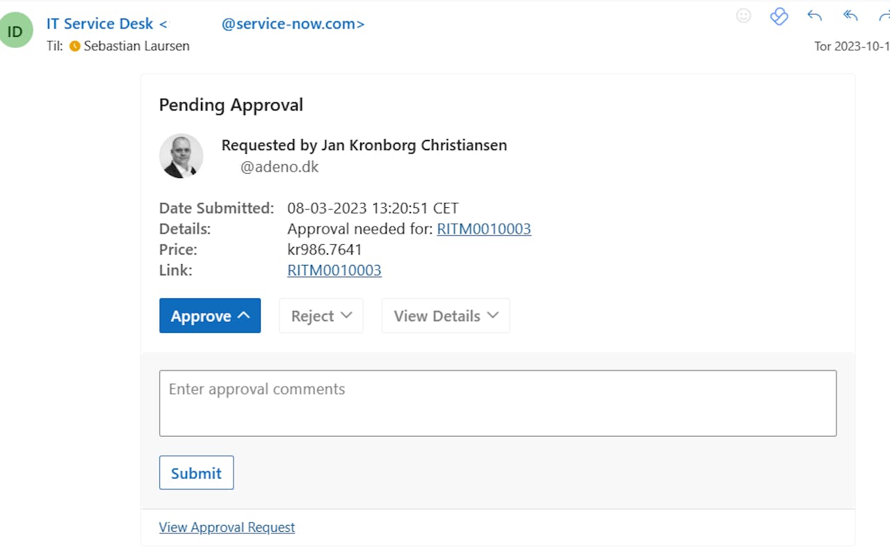 A ServiceNow Outlook Actionable Message showing a pending approval request with buttons to approve, reject, or view details.