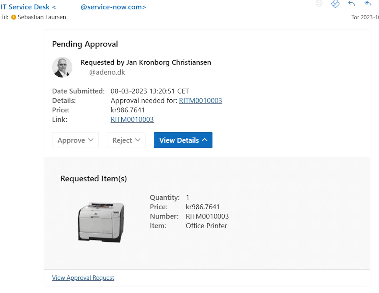 ServiceNow Outlook Actionable Message showing a pending approval request for an office printer with buttons to approve or reject.