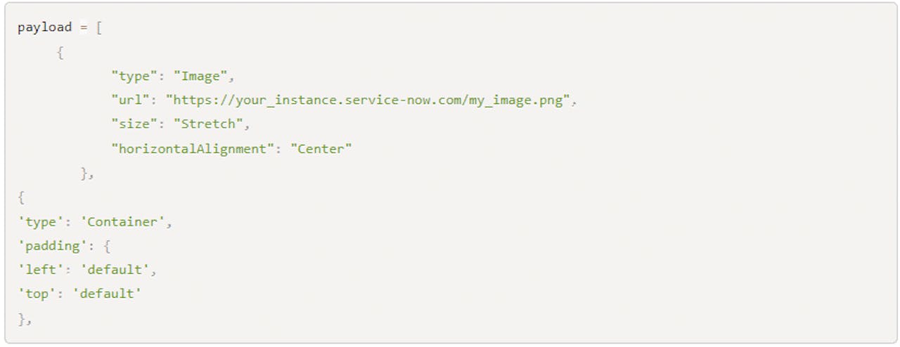 JSON payload code snippet for Outlook Actionable Messages featuring a ServiceNow image URL.