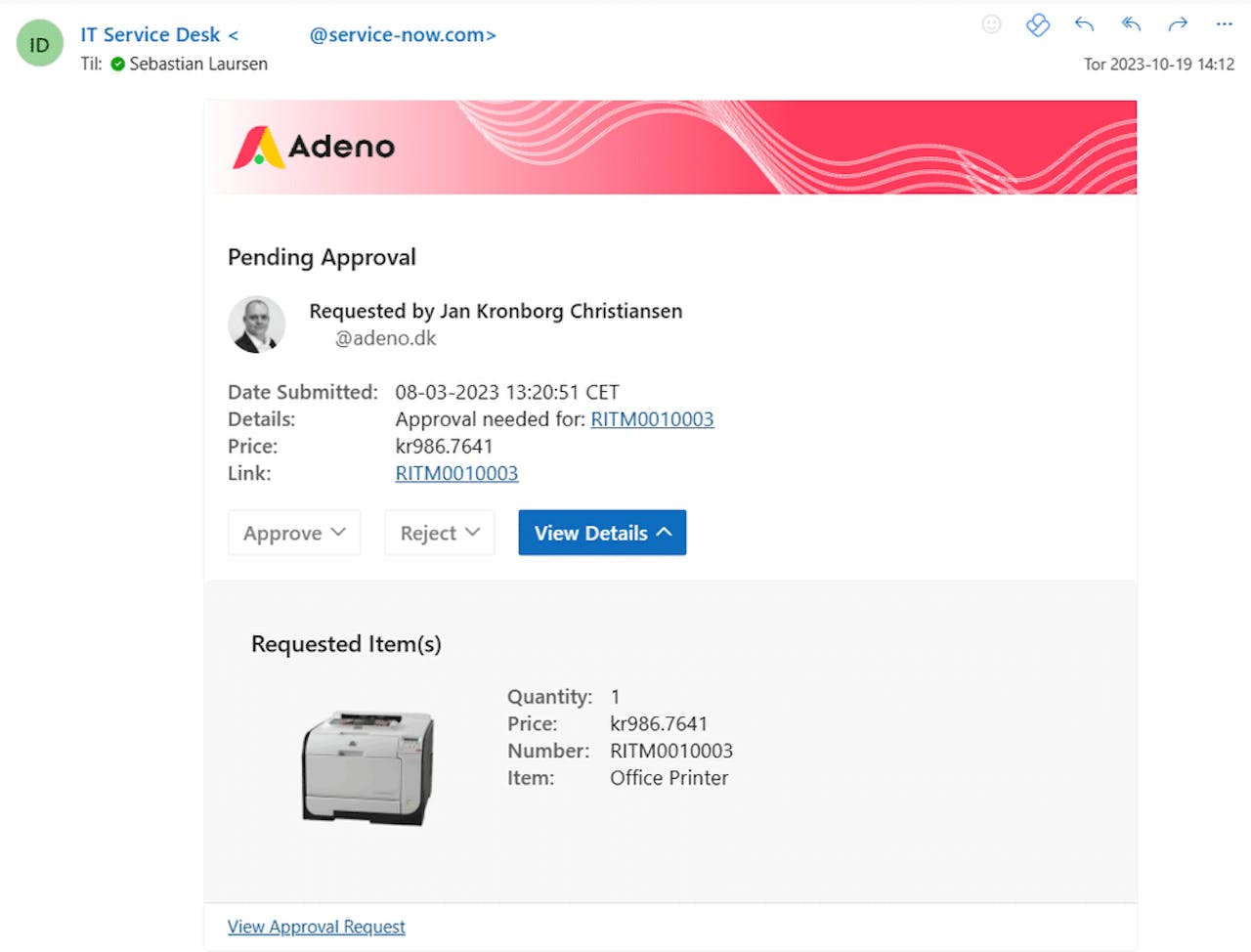 ServiceNow Outlook Actionable Message showing a pending approval request for an office printer.