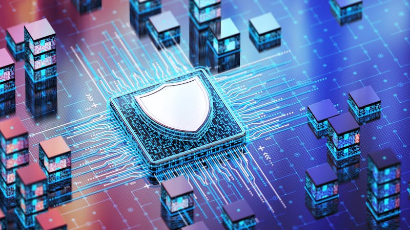 Digital illustration of a computer chip and shield icon with blue circuits for ServiceNow Vulnerability Response.