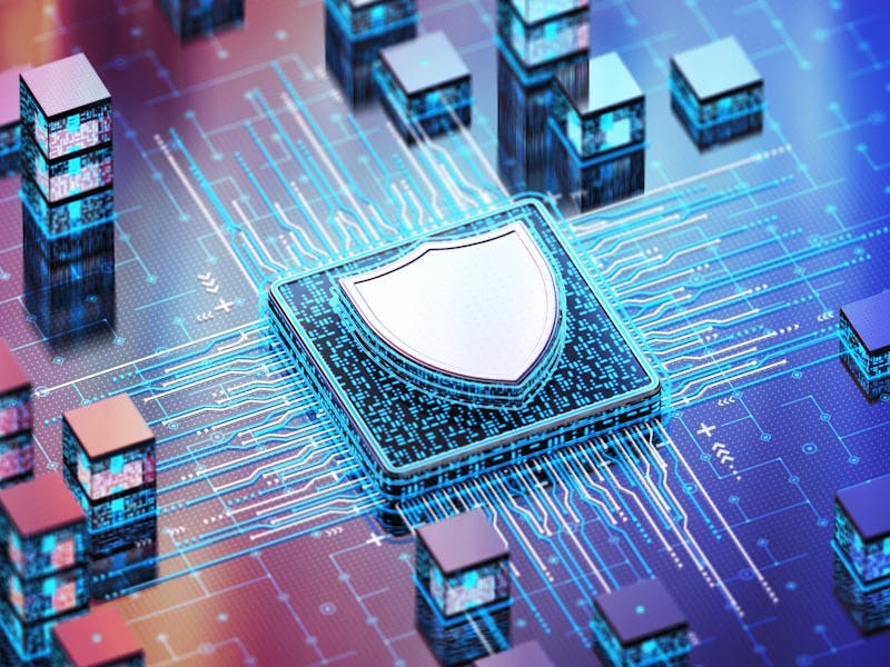 Digital illustration of a computer chip and shield icon with blue circuits for ServiceNow Vulnerability Response.