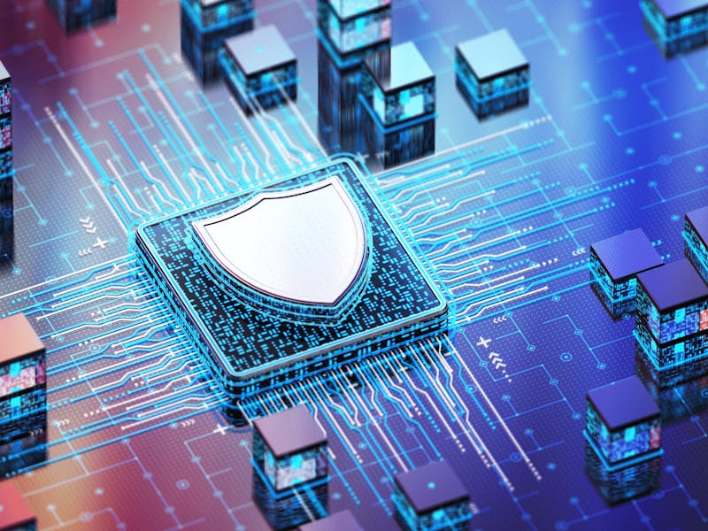Digital illustration of a computer chip and shield icon with blue circuits for ServiceNow Vulnerability Response.