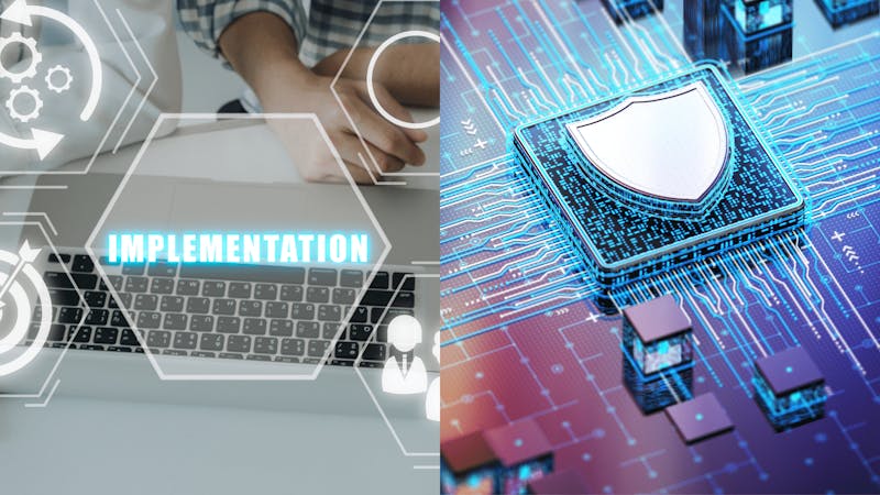 Split image of a person at a laptop and a digital shield on a circuit board representing ServiceNow Vulnerability Response.