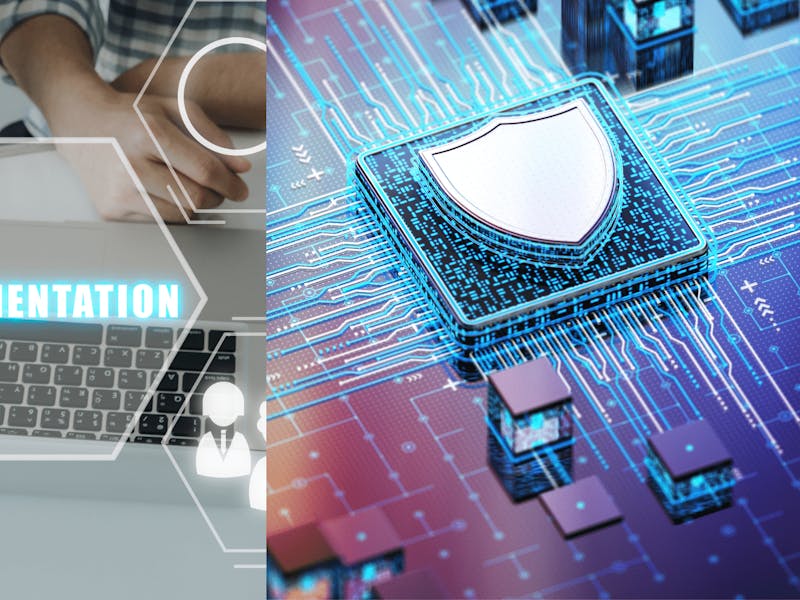 Split image of a person at a laptop and a digital shield on a circuit board representing ServiceNow Vulnerability Response.