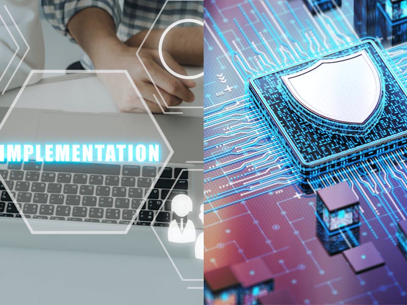 Split image of a person at a laptop and a digital shield on a circuit board representing ServiceNow Vulnerability Response.