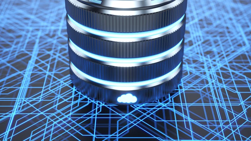 A metallic server cylinder with glowing blue rings and a cloud icon on a digital circuit background, representing ServiceNow.