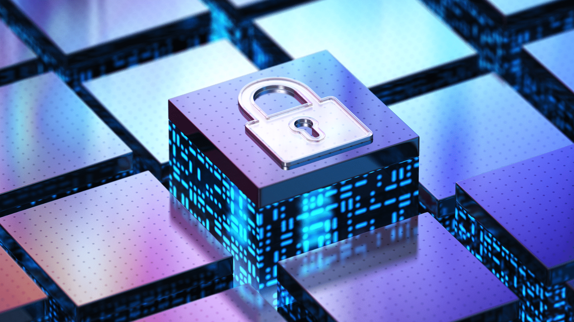 3D digital illustration of a cube with a padlock icon and blue data patterns representing ServiceNow security.