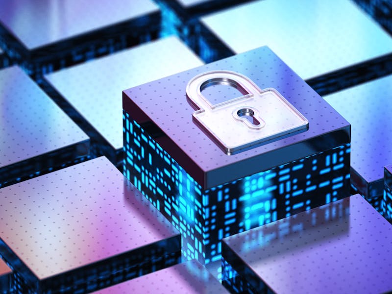 3D digital illustration of a cube with a padlock icon and blue data patterns representing ServiceNow security.