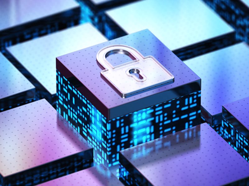 3D digital illustration of a cube with a padlock icon and blue data patterns representing ServiceNow security.