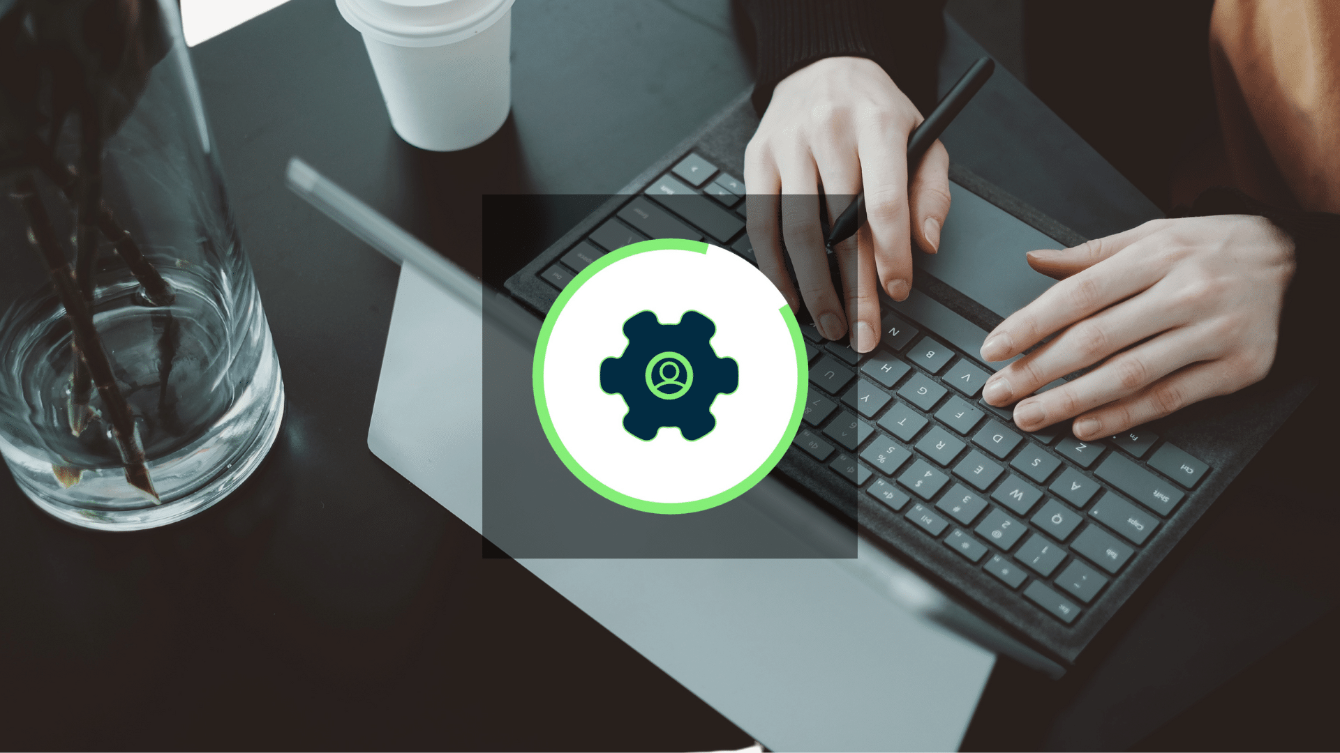 Hands typing on a laptop keyboard with a ServiceNow SN Utils icon overlay.