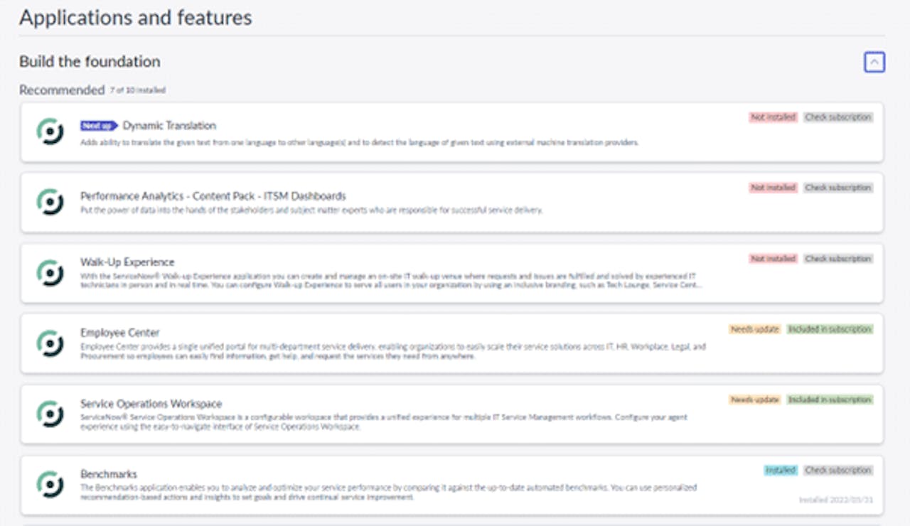 Screenshot of the ServiceNow Applications and features interface showing recommended applications and installation status under the Build the foundation section.