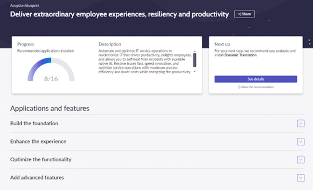 A ServiceNow Adoption blueprint interface titled 'Deliver extraordinary employee experiences, resiliency and productivity' showing progress, description, next steps, and application categories.