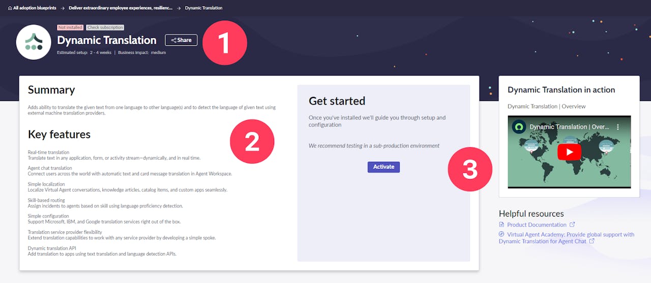 Screenshot of the ServiceNow Dynamic Translation adoption blueprint interface featuring sections for summary, key features, setup instructions, and helpful resources.