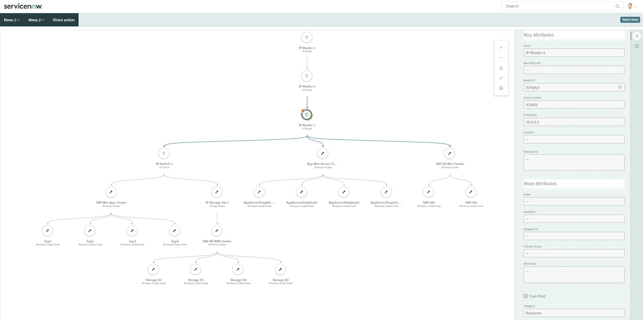 ServiceNow interface displaying a hierarchical node map of IT infrastructure and a sidebar with attributes for a selected node.