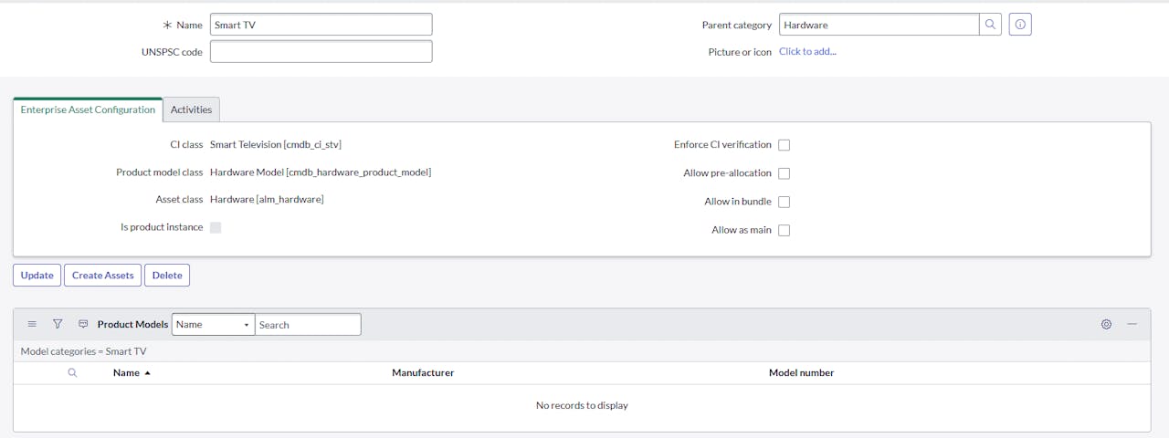 Screenshot of the ServiceNow Enterprise Asset Configuration form for a Smart TV.