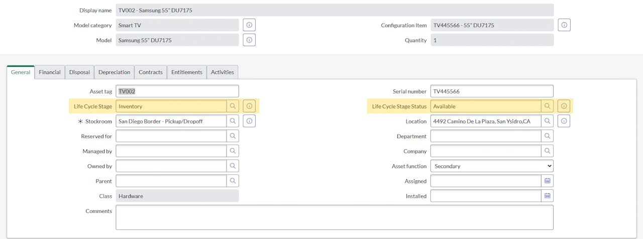 ServiceNow interface displaying an asset record for a Samsung 55-inch Smart TV.