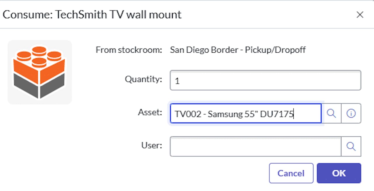 ServiceNow interface showing a 'Consume' dialog for a TechSmith TV wall mount asset.