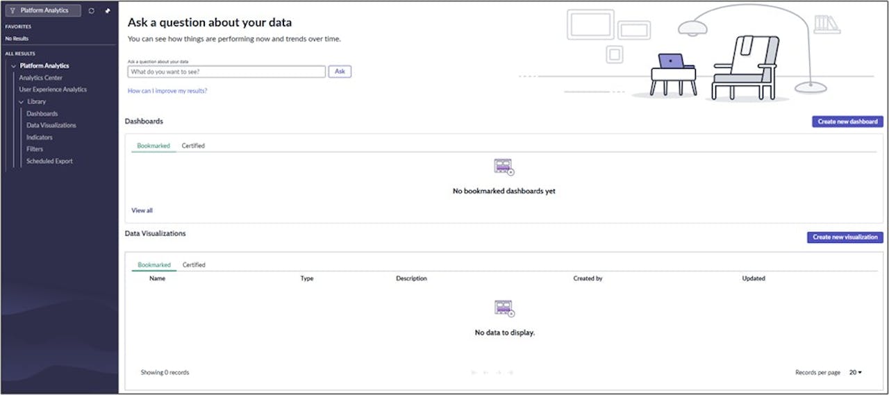 Screenshot of the ServiceNow Platform Analytics interface featuring dashboards, data visualizations, and a search bar.