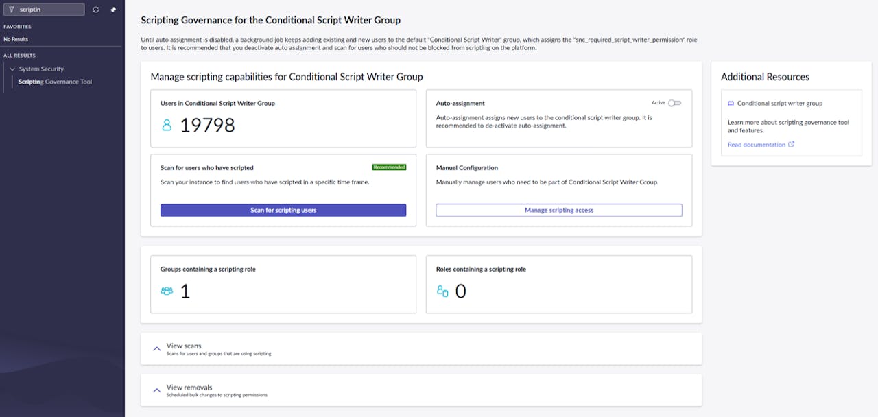 Screenshot of the ServiceNow Scripting Governance Tool dashboard showing management options, user statistics, and scanning features.
