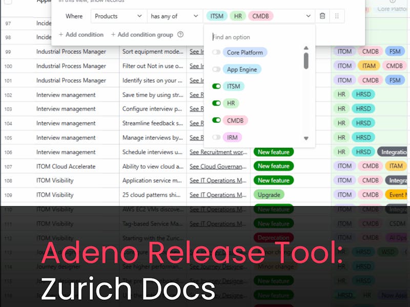 Screenshot of the Adeno Release Tool showing a filtered table of product updates and features for the ServiceNow Zurich release.