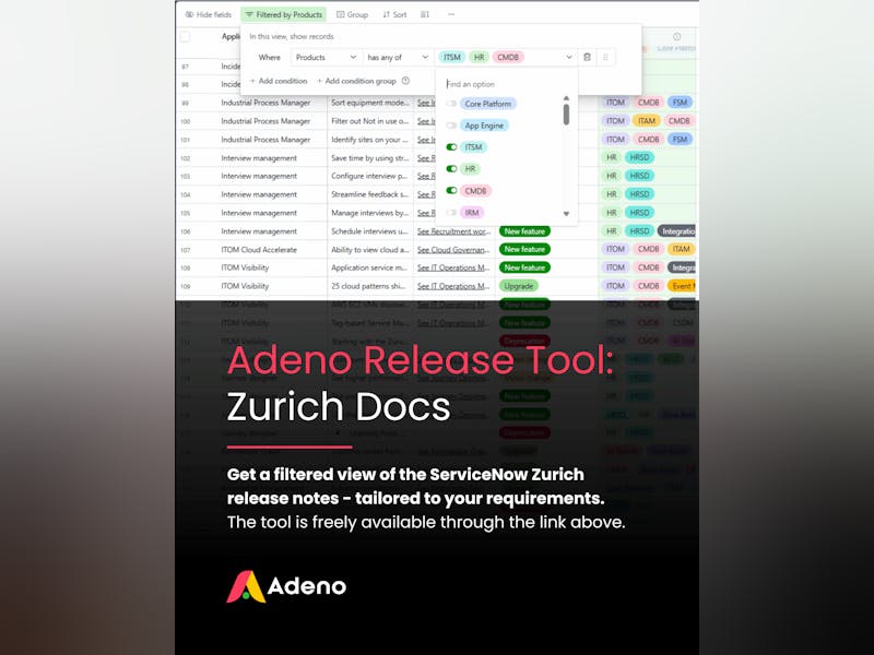 Screenshot of the Adeno Release Tool showing a filtered table of product updates and features for the ServiceNow Zurich release.