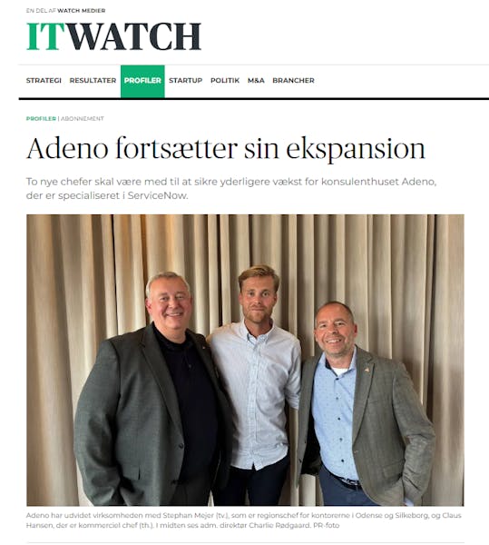 Three men from the ServiceNow consultancy Adeno standing together in front of a curtain.