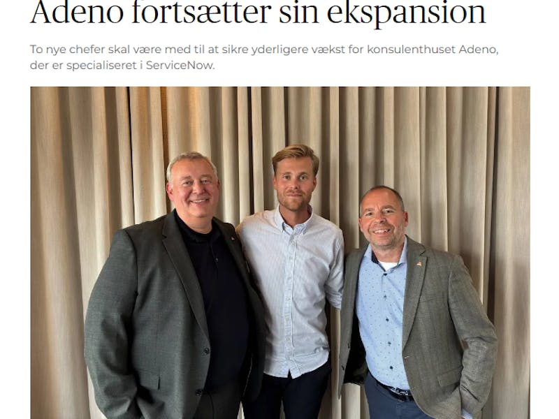 Three men from the ServiceNow consultancy Adeno standing together in front of a curtain.