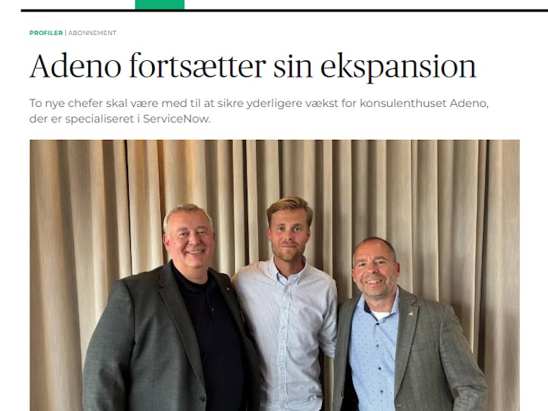 Three men from the ServiceNow consultancy Adeno standing together in front of a curtain.