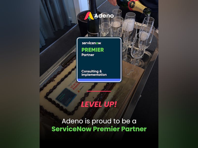 Champagne being poured into glasses next to a cake with text announcing Adeno as a ServiceNow Premier Partner.